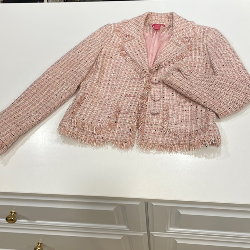 Thalia Sodi Pink Tweed Jacket Fringe Trim | Chanel Style | Size M | Chic Blazer - Picture 2 of 8
